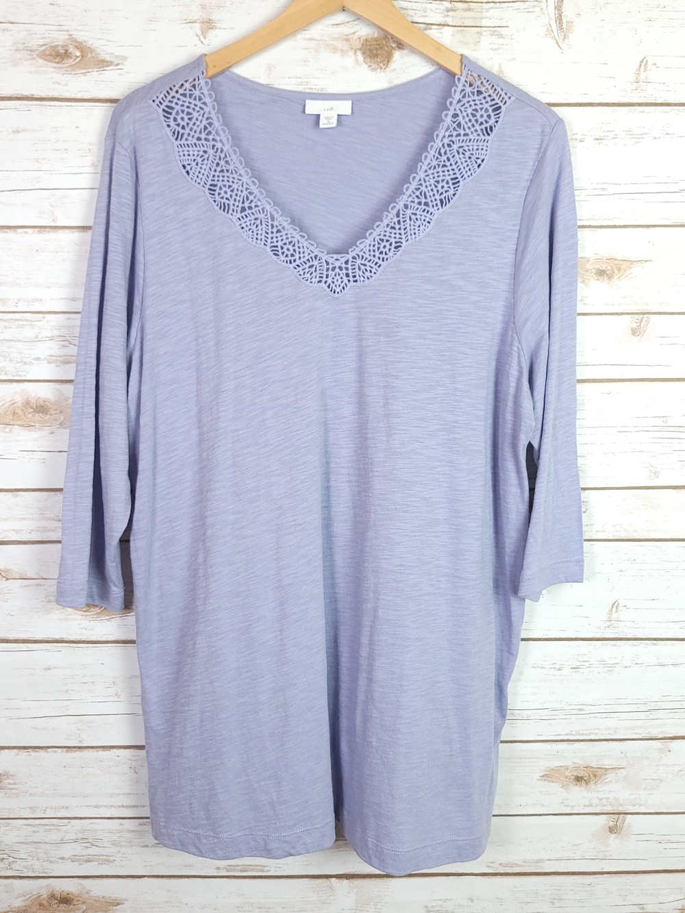J Jill Top 1X Blue Long Sleeve Crochet Lace Trim Neck Pullover Tunic Blouse
